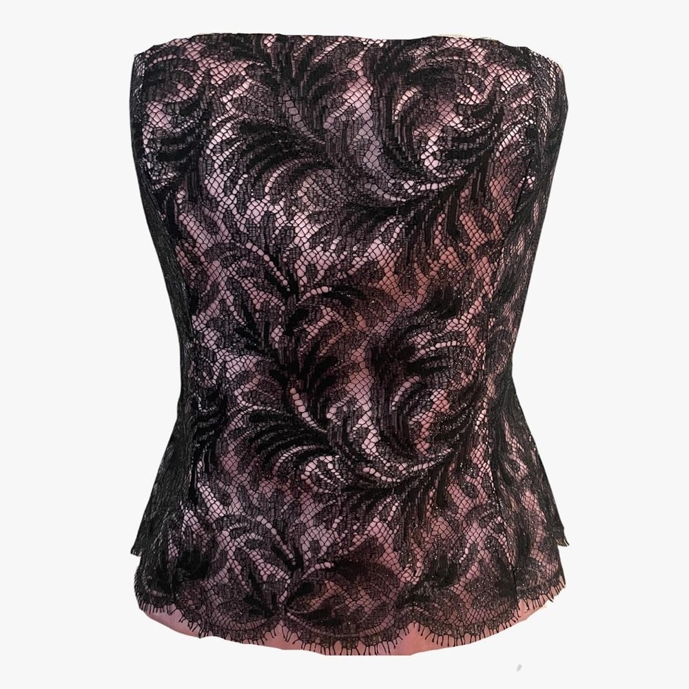 Escada Pink and Black Lace Bustier Top in Pink Satin with Black Lace Size 36 EUC